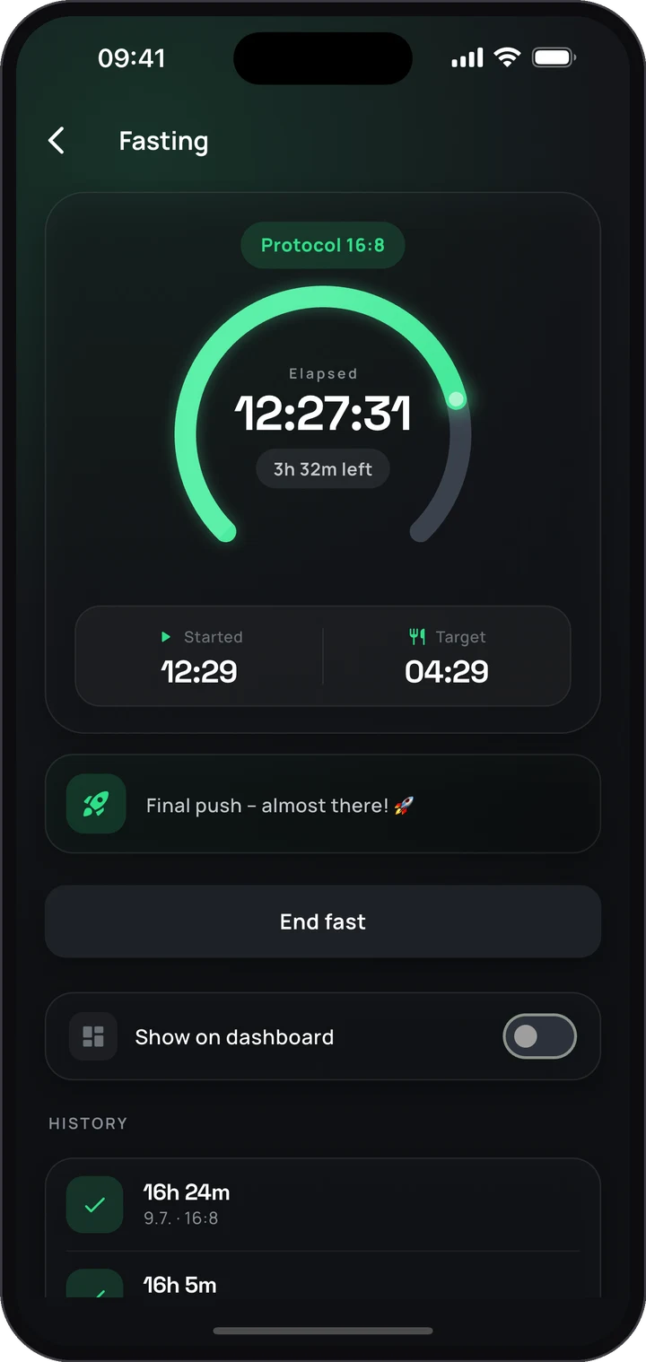 Intermittent fasting timer of the Keto app with live ring: 16:8 protocol, elapsed time and fasting history