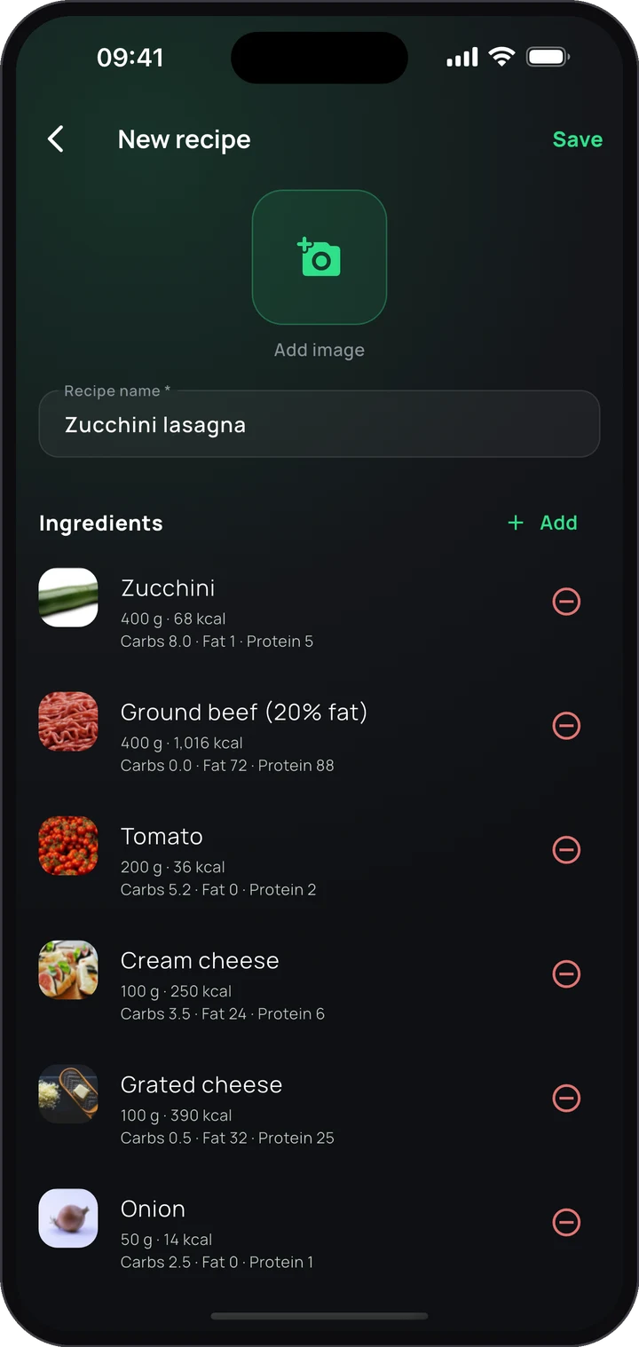 AI recipe import of the Keto app: recipe with ingredient list, created from a screenshot