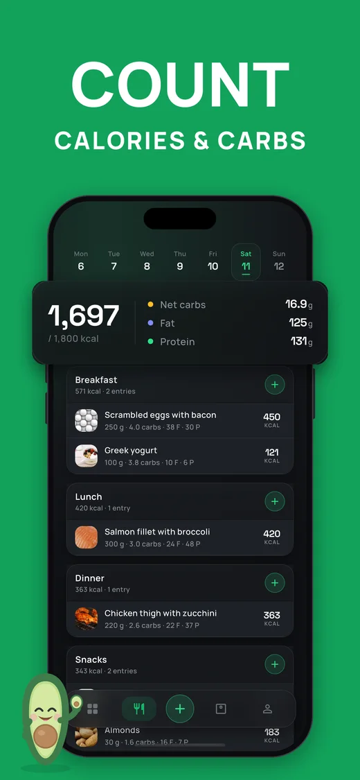 Screenshot: count calories and carbs in the food diary