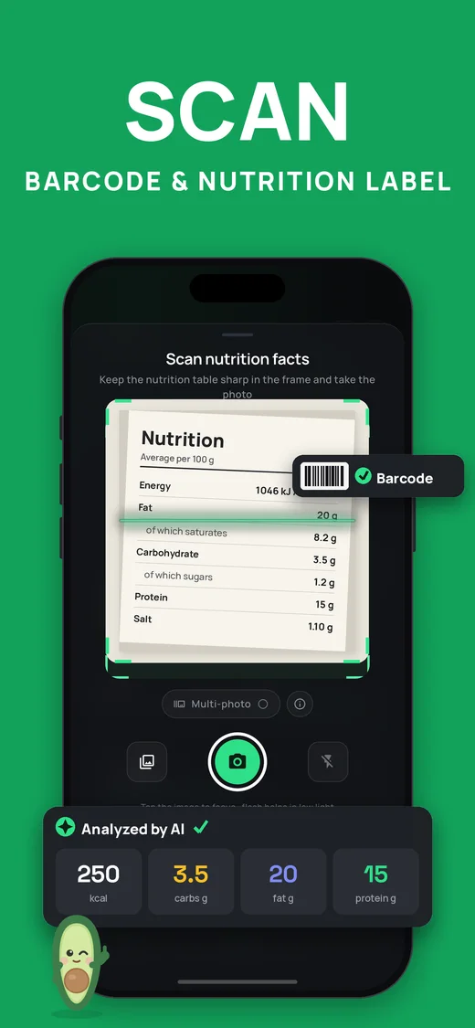 Screenshot: scan barcodes and nutrition facts