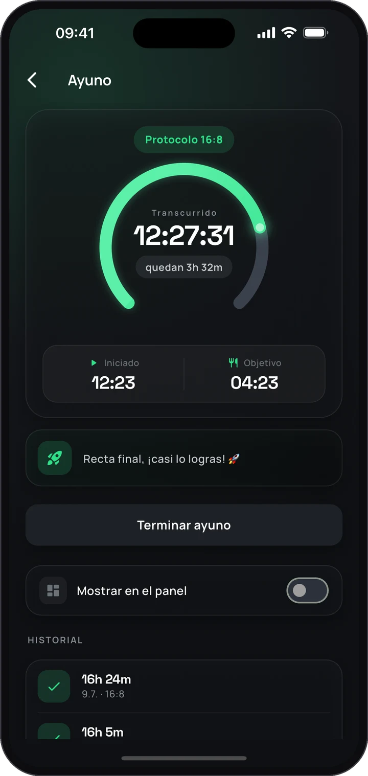 Temporizador de ayuno intermitente de la app Keto con anillo en directo: protocolo 16:8, tiempo transcurrido e historial de ayuno