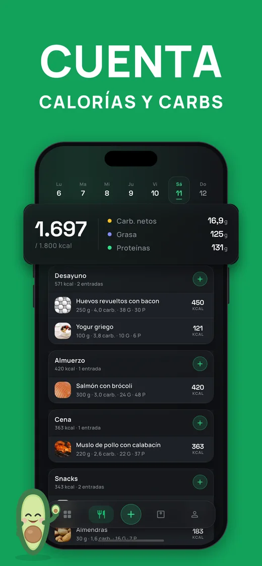 Captura de pantalla: cuenta calorías y carbohidratos en el diario