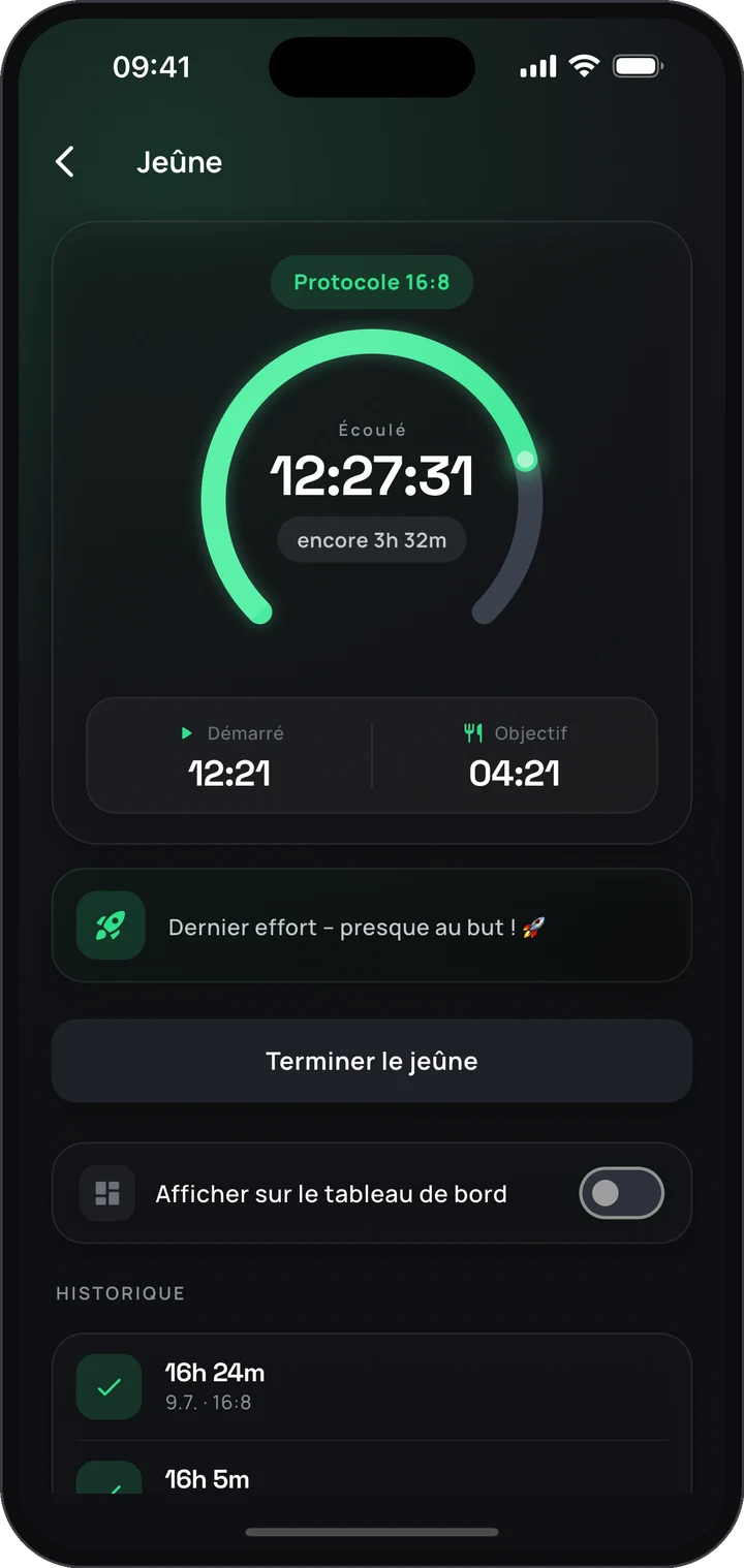 Minuteur de jeûne intermittent de l'appli Keto avec anneau en direct : protocole 16:8, temps écoulé et historique du jeûne