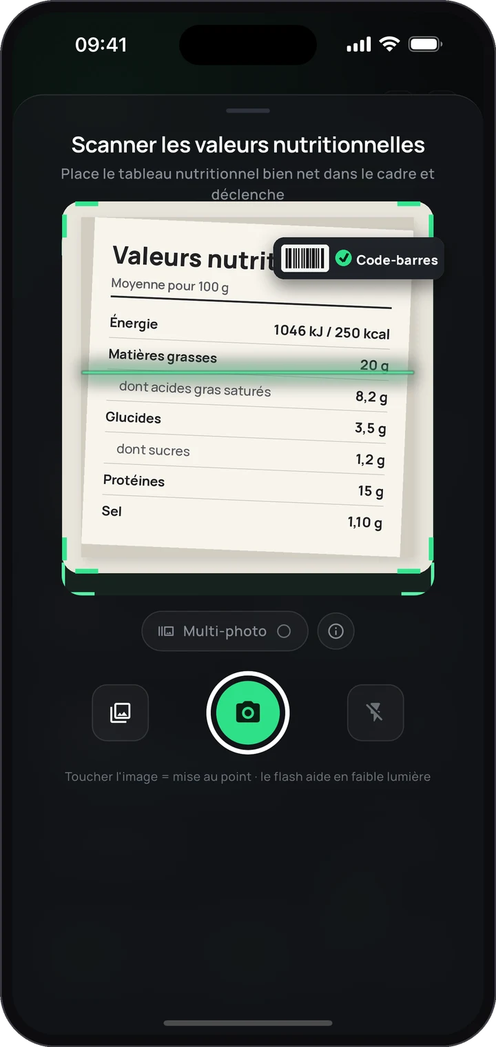 Scanner nutritionnel IA de l'appli Keto : la caméra lit le tableau nutritionnel d'un emballage