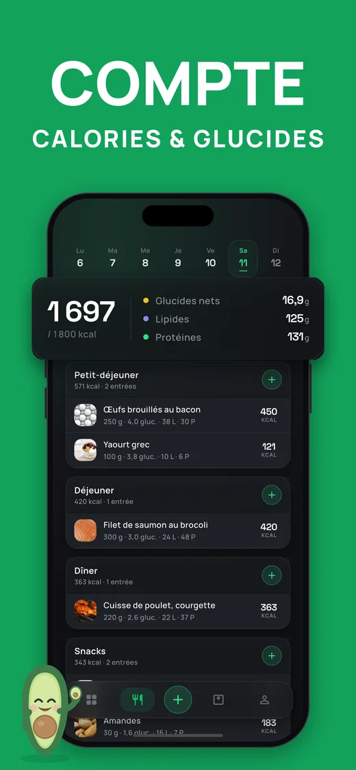 Capture d'écran : compter les calories et les glucides dans le journal