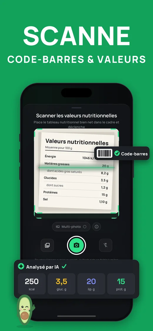 Capture d'écran : scanner le code-barres et les valeurs nutritionnelles