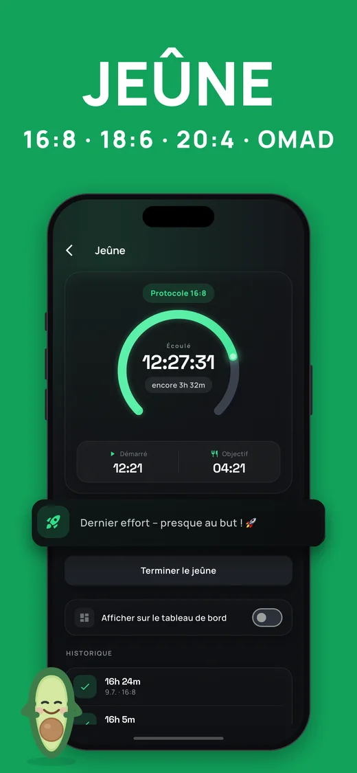 Capture d'écran : jeûne intermittent avec 16:8, 18:6, 20:4 et OMAD