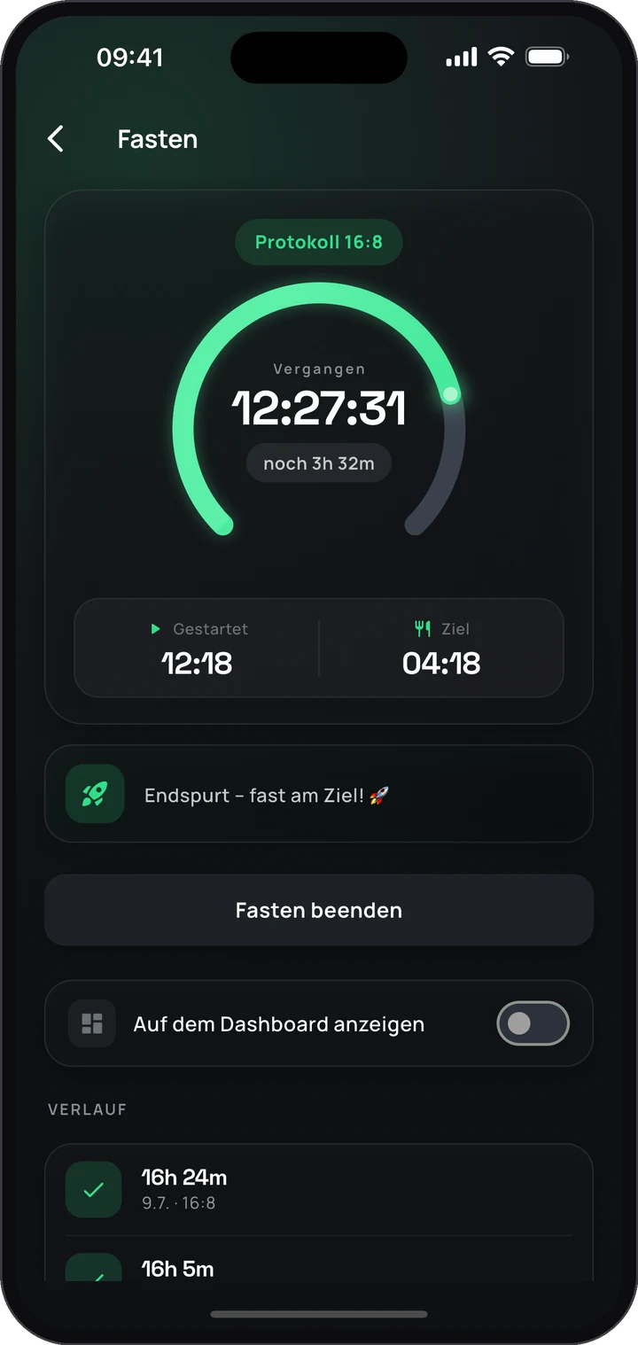 Intervallfasten-Timer der Keto App mit Live-Ring: Protokoll 16:8, verstrichene Zeit und Fasten-Verlauf