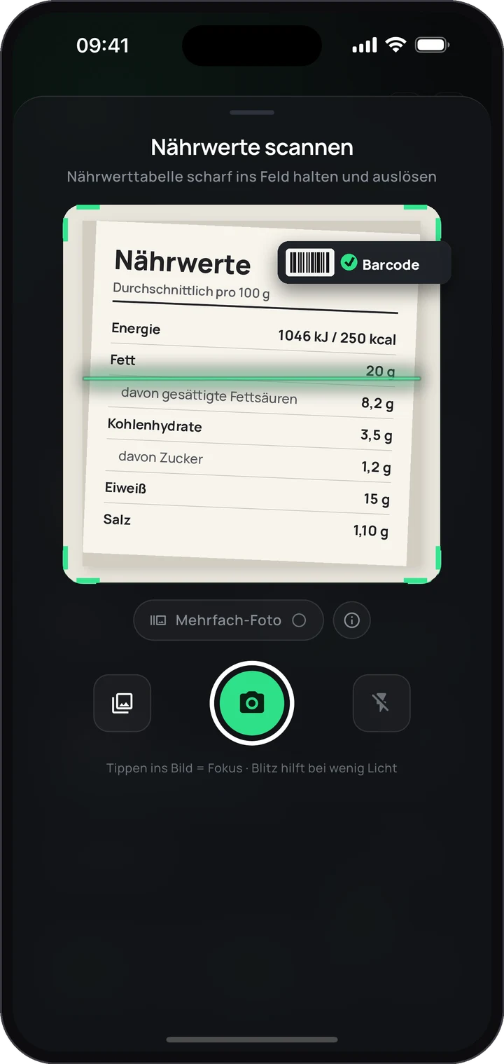 KI-Nährwert-Scanner der Keto App: Kamera liest die Nährwerttabelle einer Verpackung aus