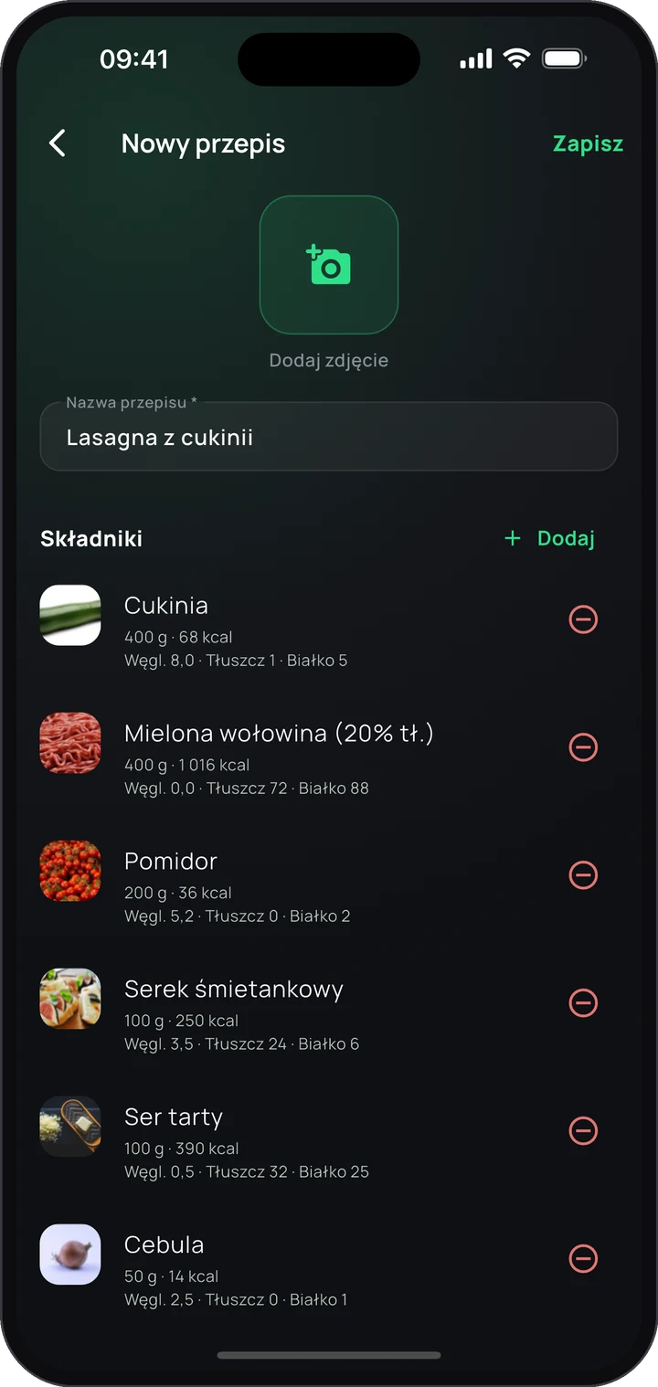 Import przepisów przez AI aplikacji keto: przepis z listą składników, utworzony ze zrzutu ekranu