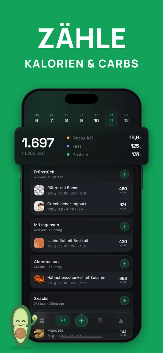 Screenshot: Kalorien und Carbs zählen im Tagebuch