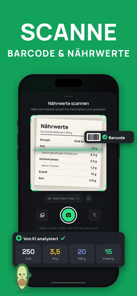 Screenshot: Barcode und Nährwerte scannen