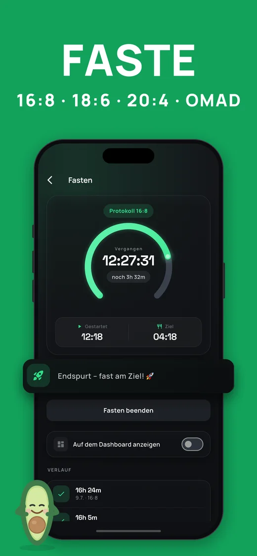 Screenshot: Intervallfasten mit 16:8, 18:6, 20:4 und OMAD